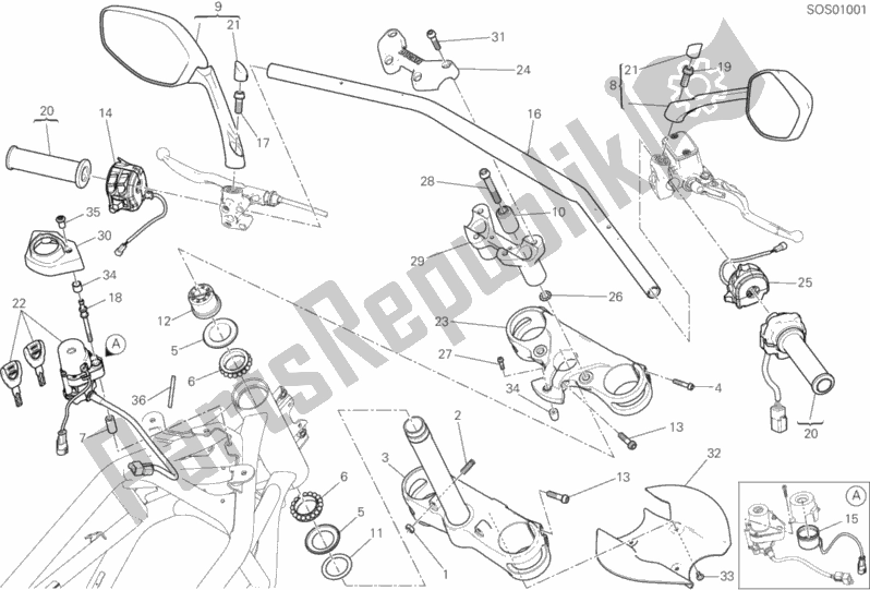 All parts for the Handlebar of the Ducati Multistrada 950 Brasil 2019